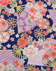 Japanese Sensu & Blossoms Printed Cotton Sheeting - Navy