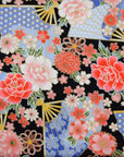 Japanese Sensu & Blossoms Printed Cotton Sheeting - Black