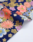Japanese Flowers Printed Cotton Sheeting - Navy