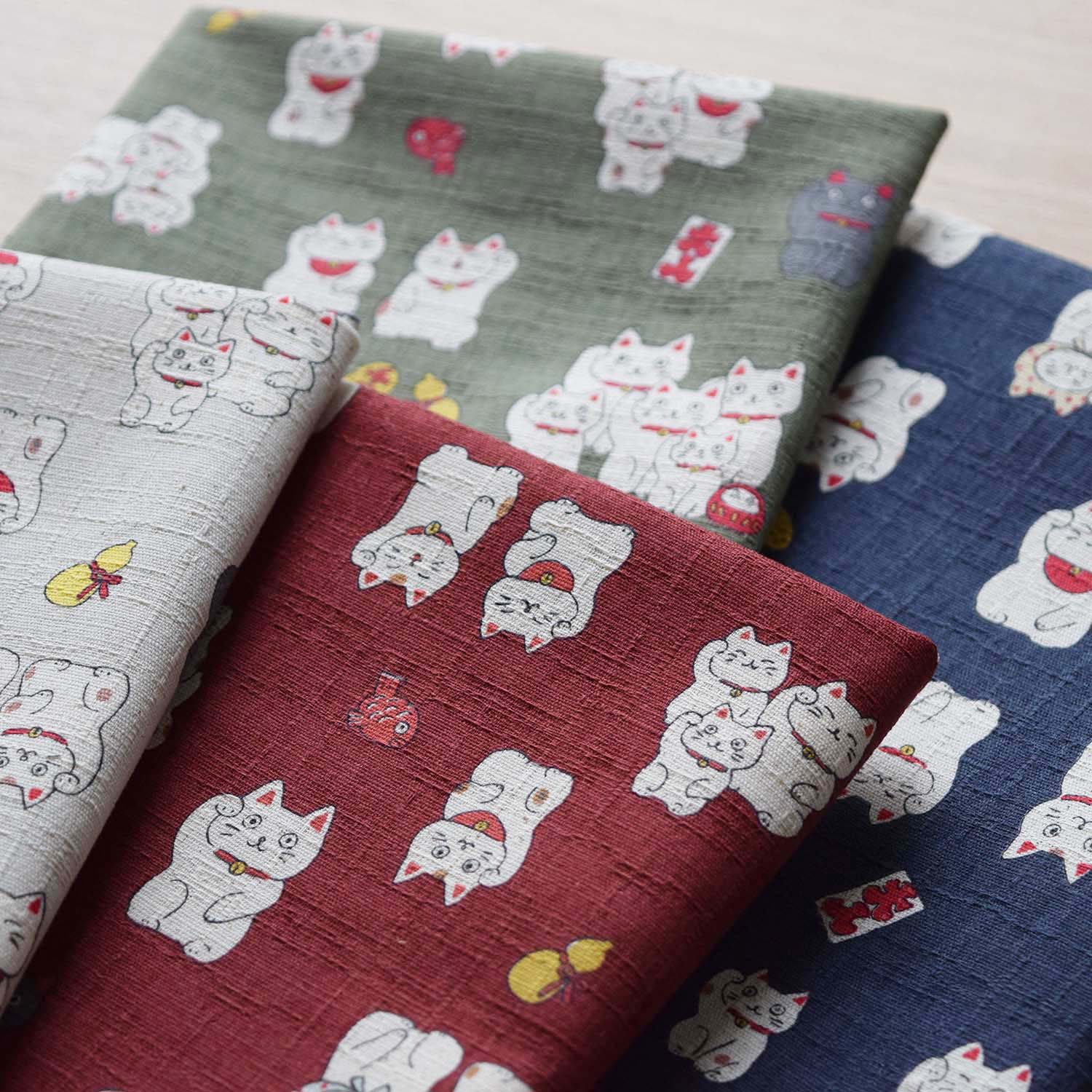 Funny Japan Lucky Cats Cotton Dobby | Kokka Fabrics