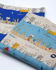 Fishing Cats Cotton Linen Canvas - Light Blue