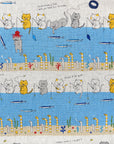 Fishing Cats Cotton Linen Canvas - Light Blue