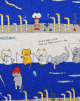 Fishing Cats Cotton Linen Canvas - Blue