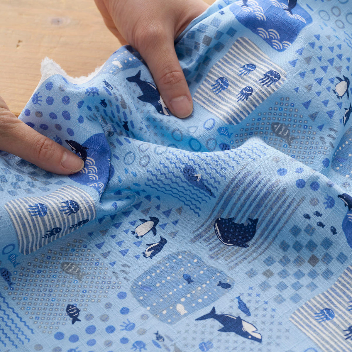 Sea Animals Cotton Dobby - Blue