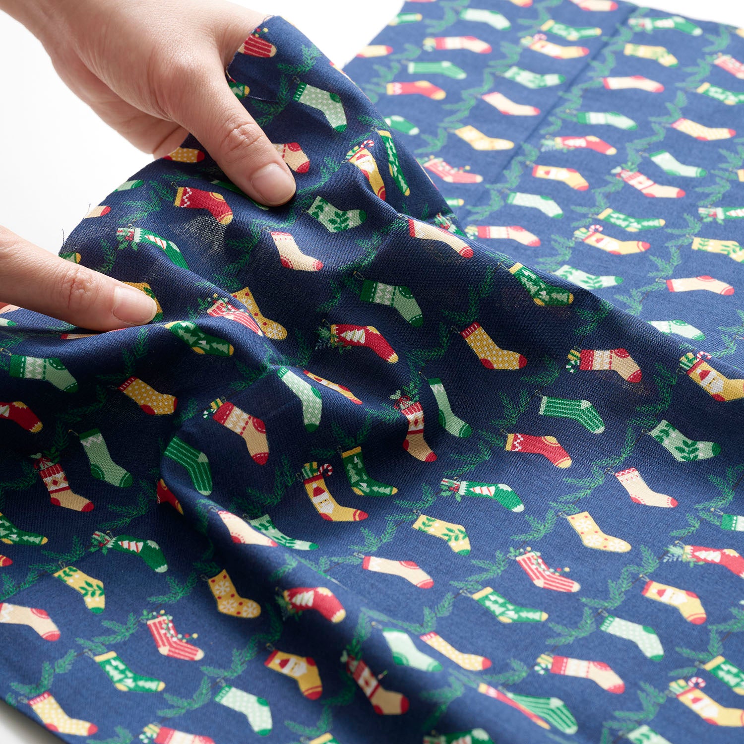 Christmas Stocking Cotton Shirting - Navy