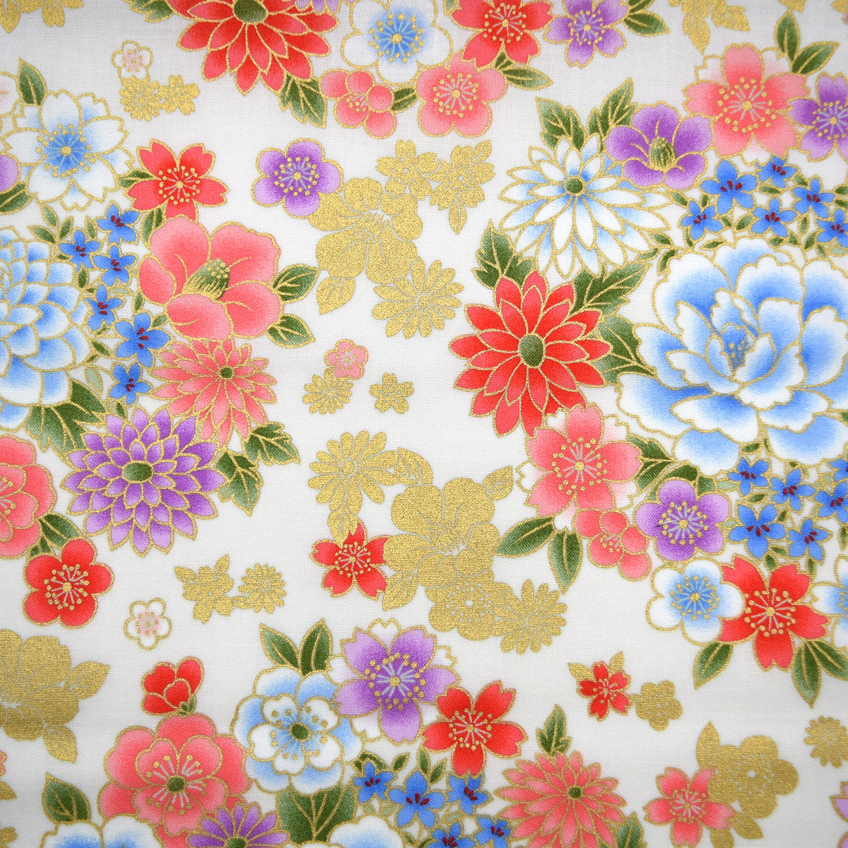Japanese Flowers Printed Cotton Sheeting - White Beige