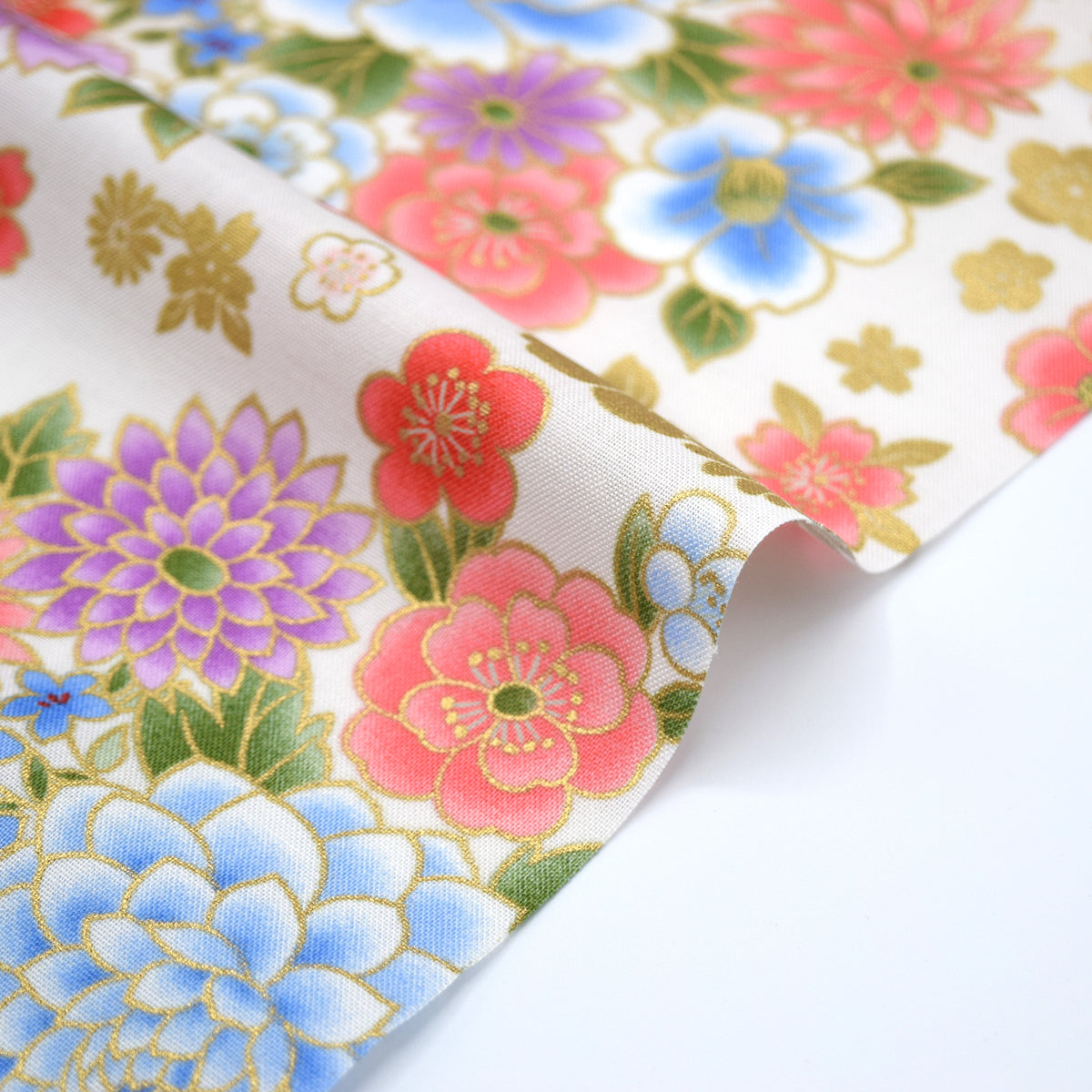 Japanese Flowers Printed Cotton Sheeting - White Beige