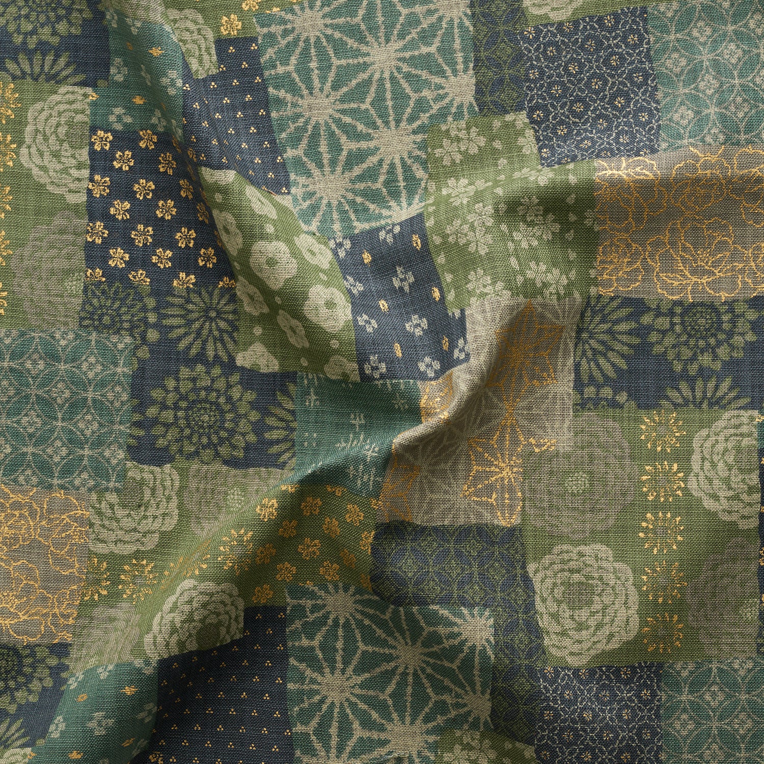 Patchwork Print Cotton Slub Fabric - Green