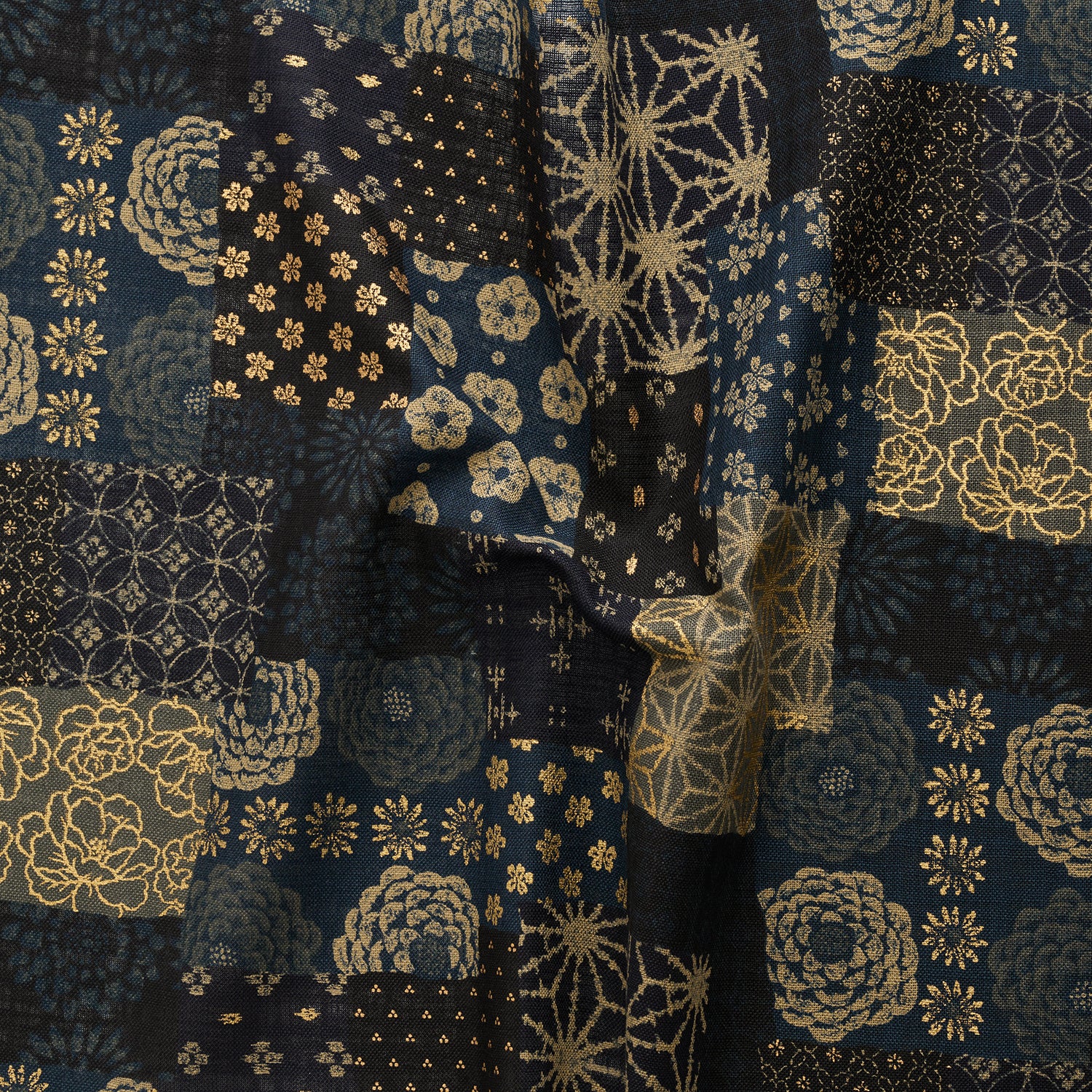 Patchwork Print Cotton Slub Fabric - Dark Navy