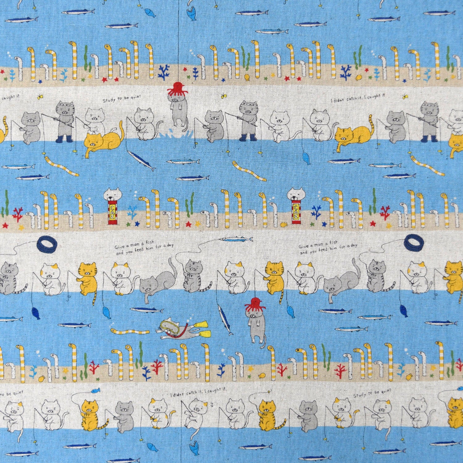 Fishing Cats Cotton Linen Canvas - Light Blue