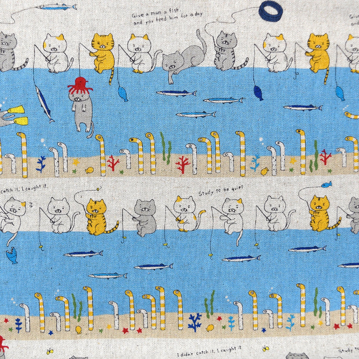 Fishing Cats Cotton Linen Canvas - Light Blue