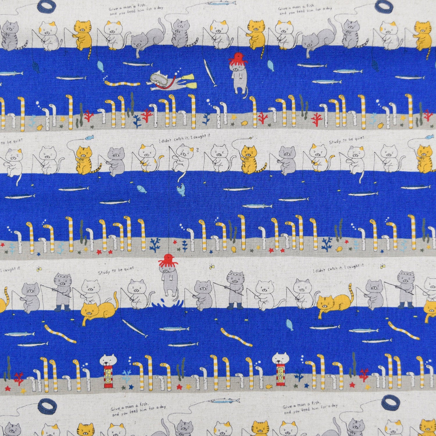 [Fabric Sample] Fishing Cats Cotton Linen Canvas