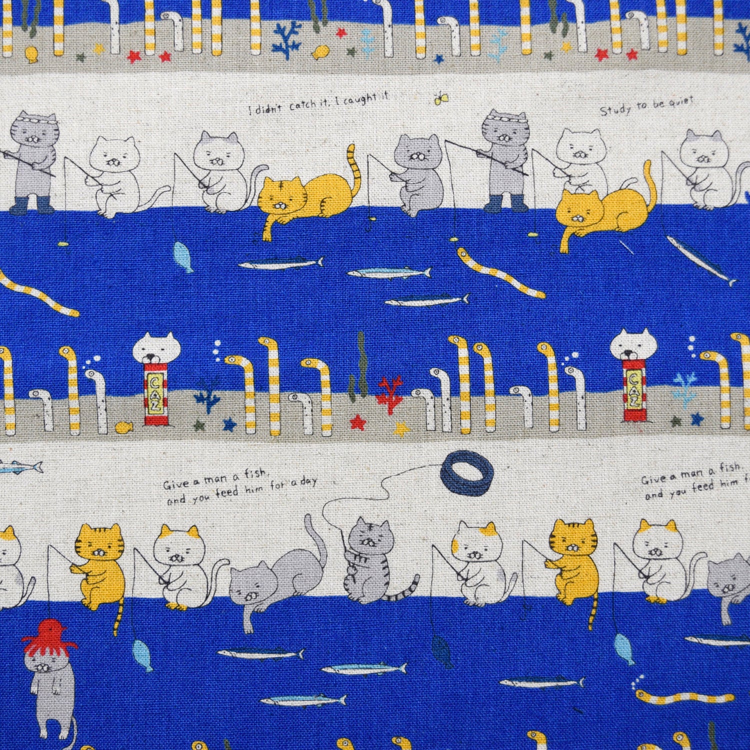 [Fabric Sample] Fishing Cats Cotton Linen Canvas