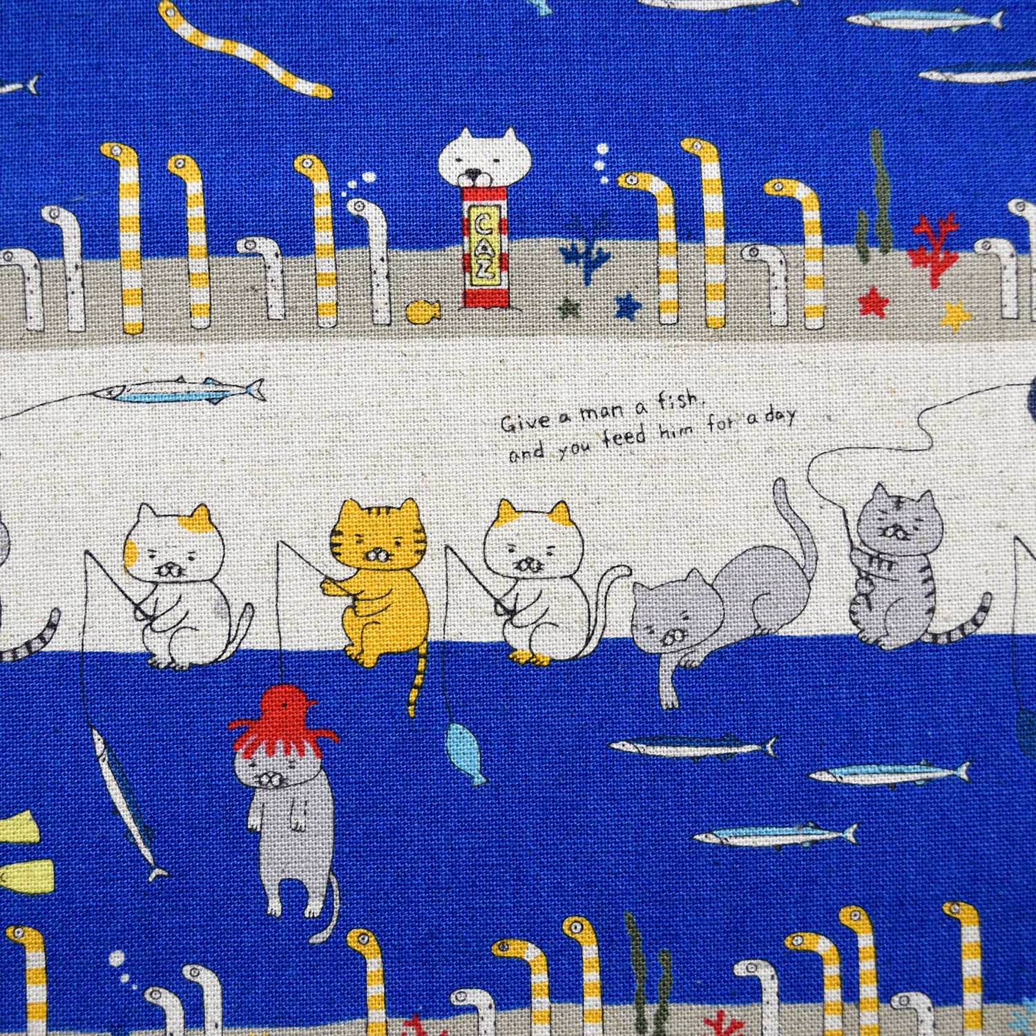 [Fabric Sample] Fishing Cats Cotton Linen Canvas
