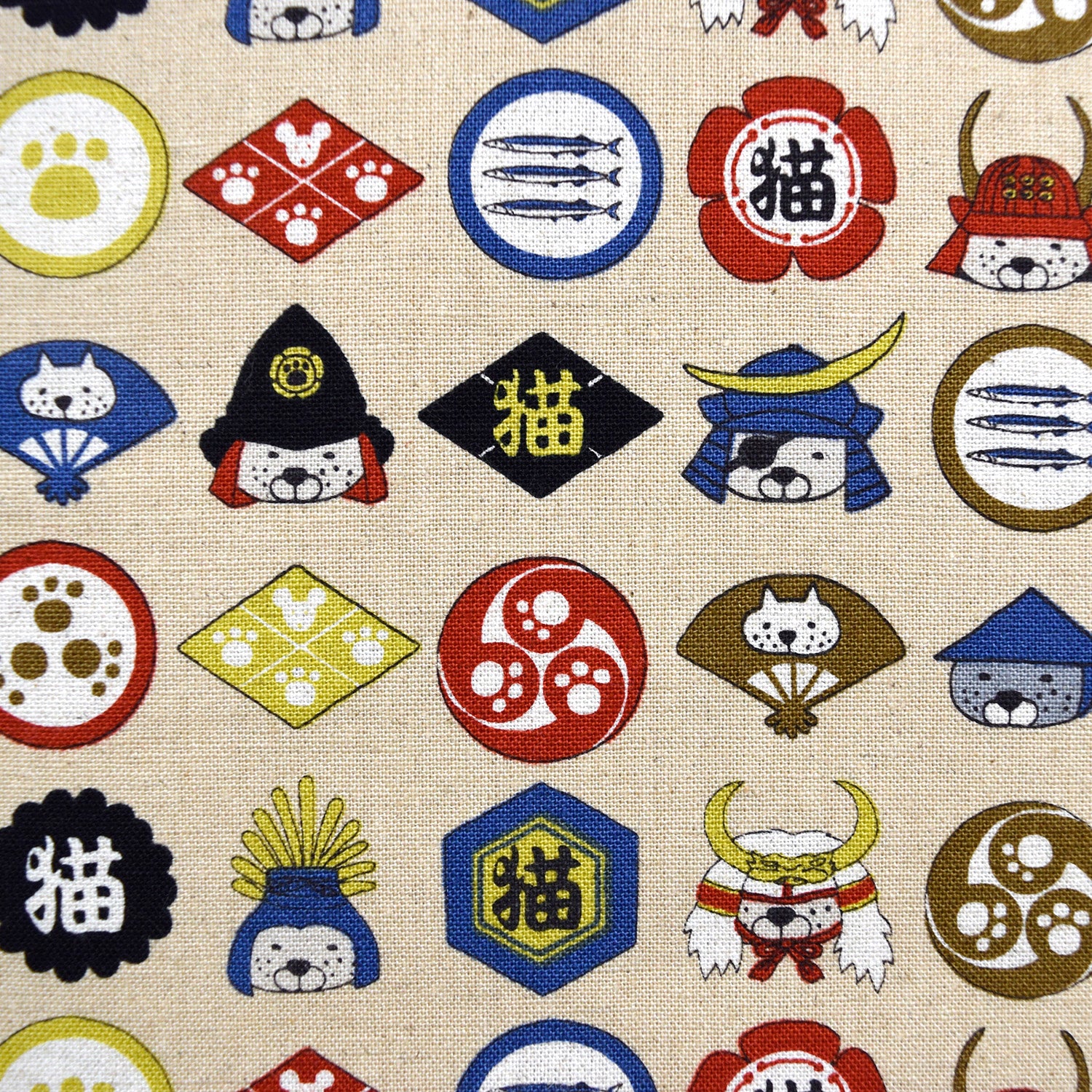 Cat Family Crests Cotton Linen Canvas - Beige