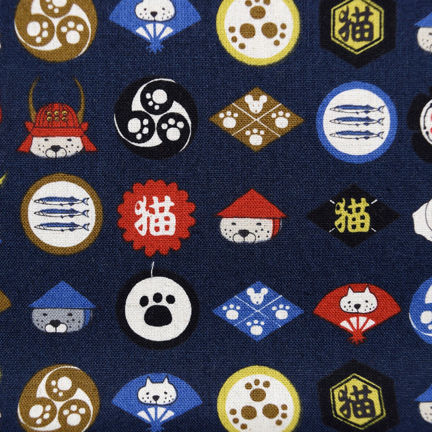 Cat Family Crests Cotton Linen Canvas - Navy