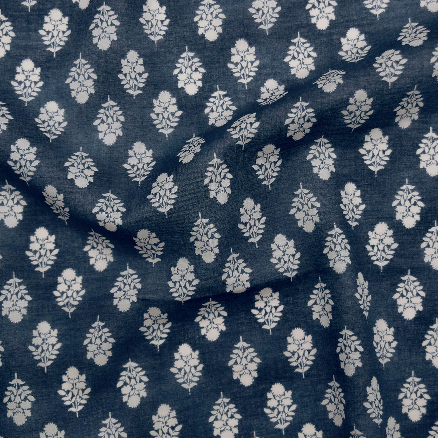 Vintage Floral Silhouette Block Print-inspired Cotton Lawn - Navy NFA-3100-102