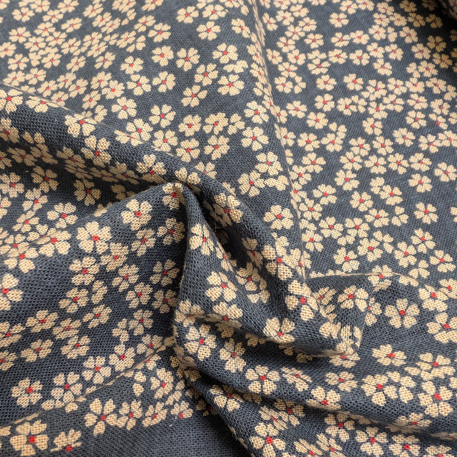 Slub Yarn Cherry Blossom Indigo-Style Print