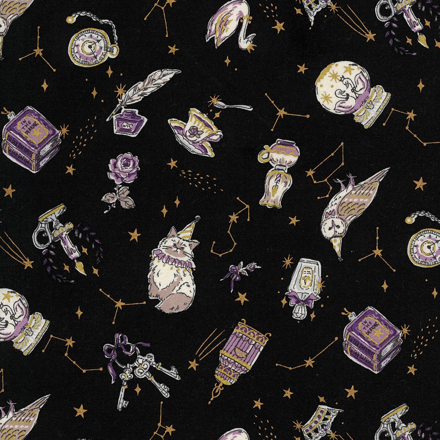 Constellation Cats Cotton Sheeting - Black