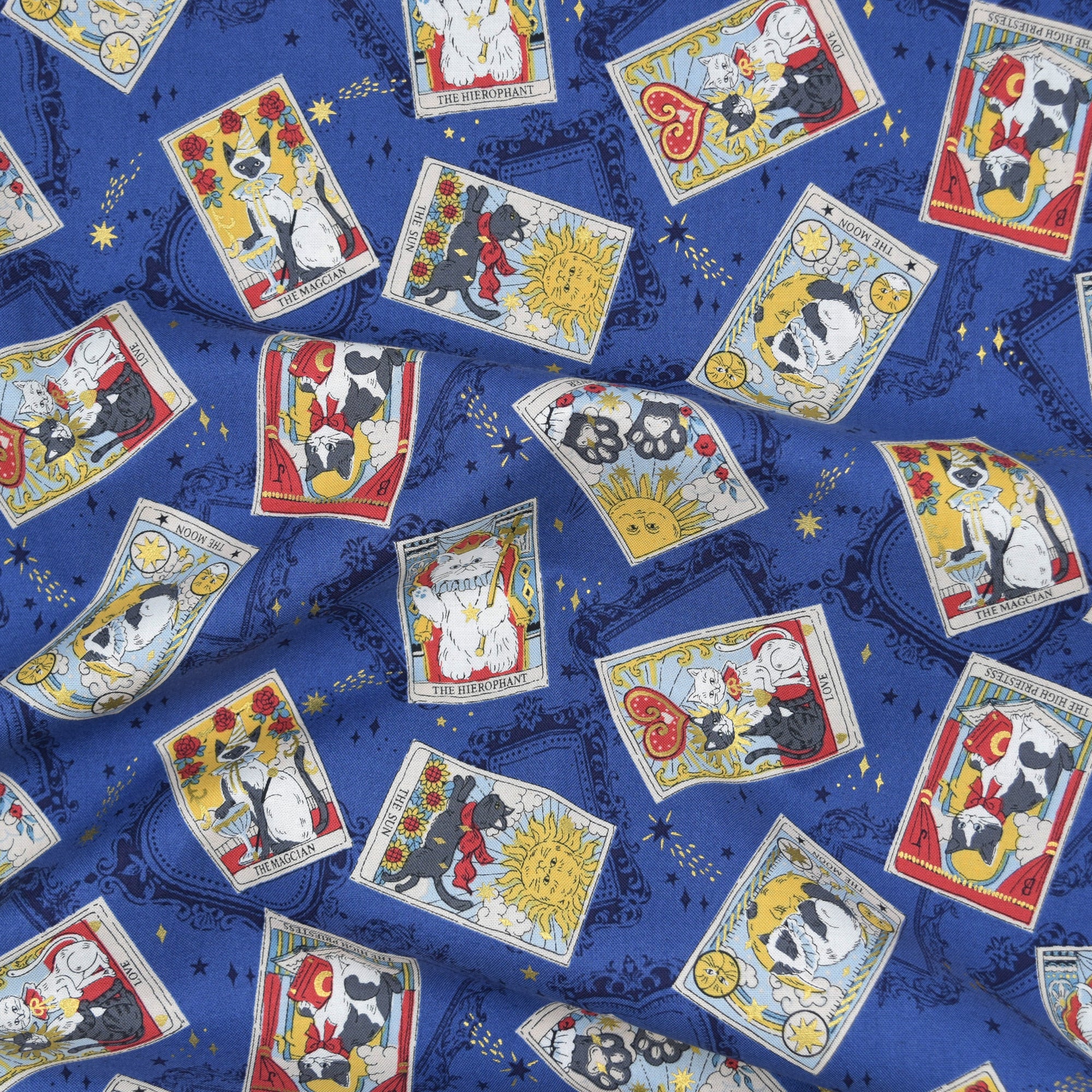 Tarot Cats Cotton Sheeting - Blue