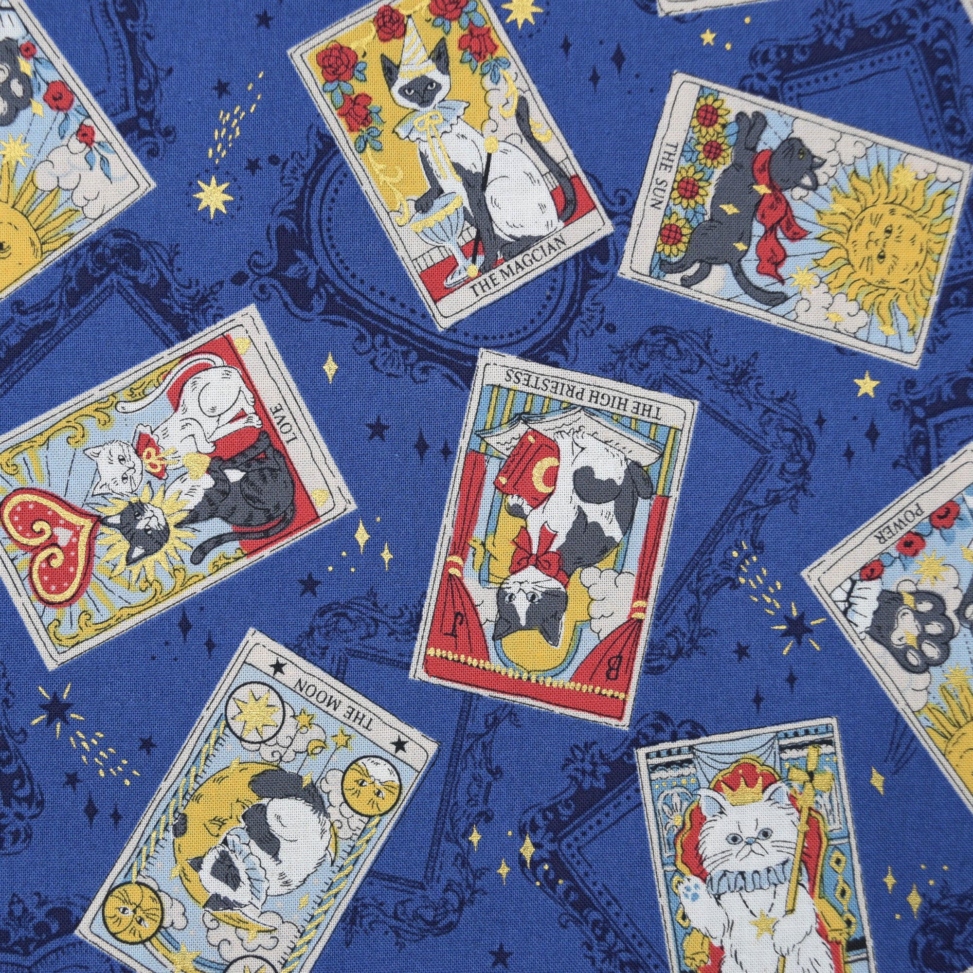 Tarot Cats Cotton Sheeting - Blue