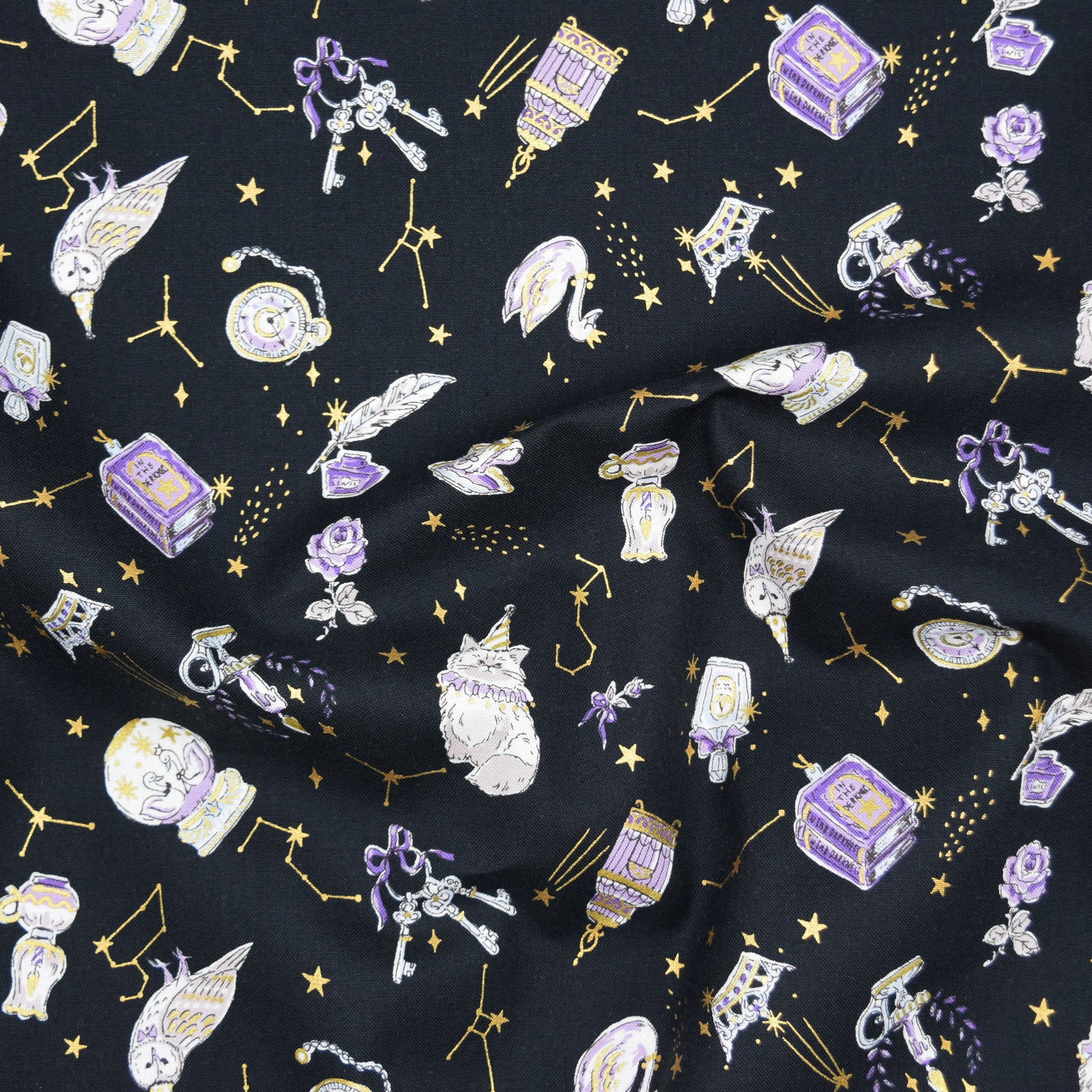 Constellation Cats Cotton Sheeting - Black