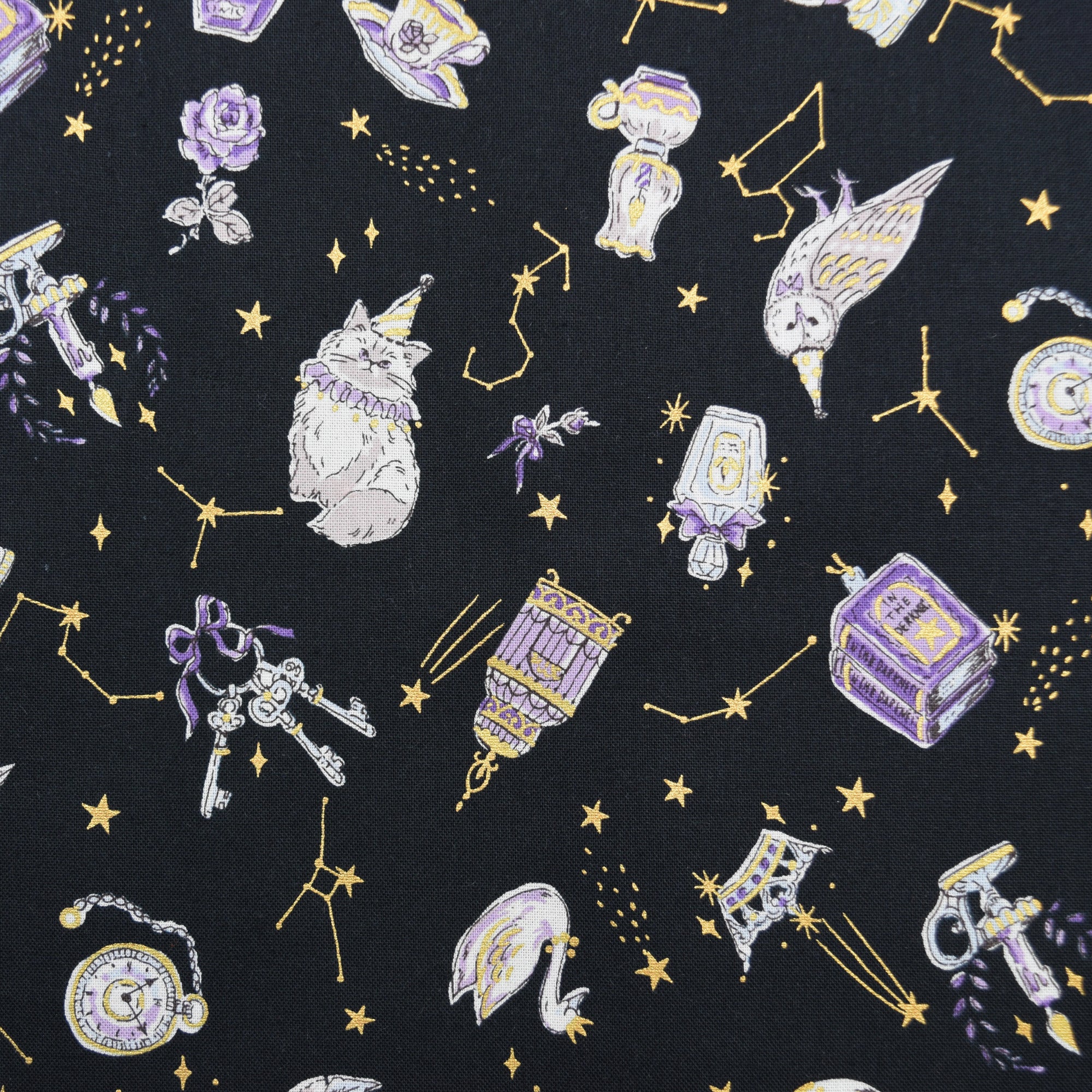 Constellation Cats Cotton Sheeting - Black
