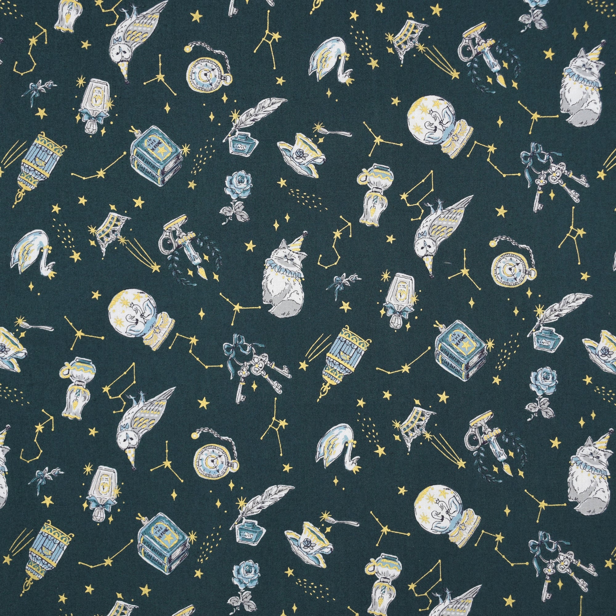 Constellation Cats Cotton Sheeting - Green