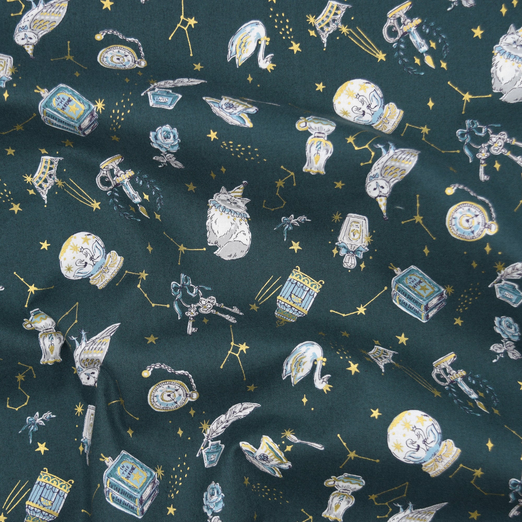 Constellation Cats Cotton Sheeting - Green