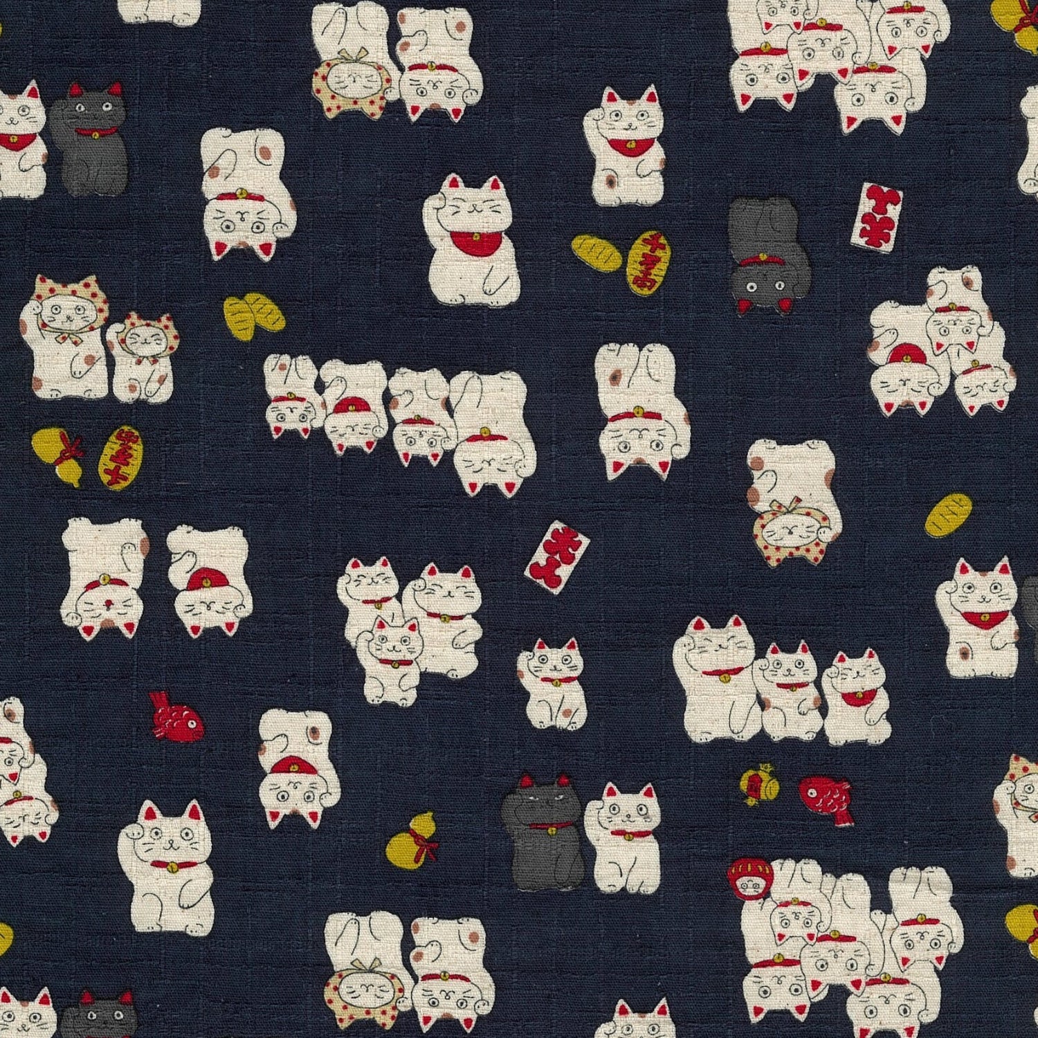 Funny Japan Lucky Cats Cotton Dobby - Navy YKA-31060-1