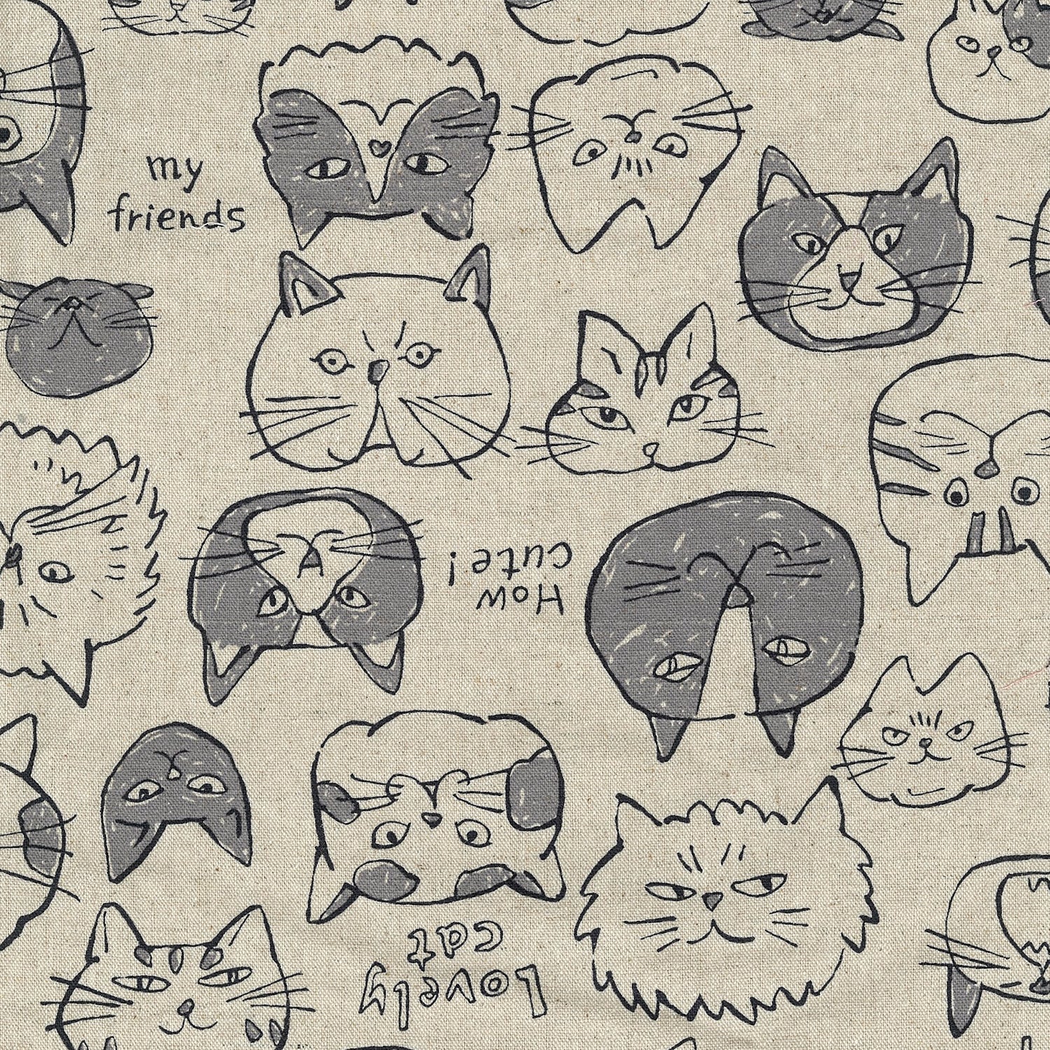 Doodle Animals Cat Cotton Linen Canvas - Light Beige YKA-36000-1