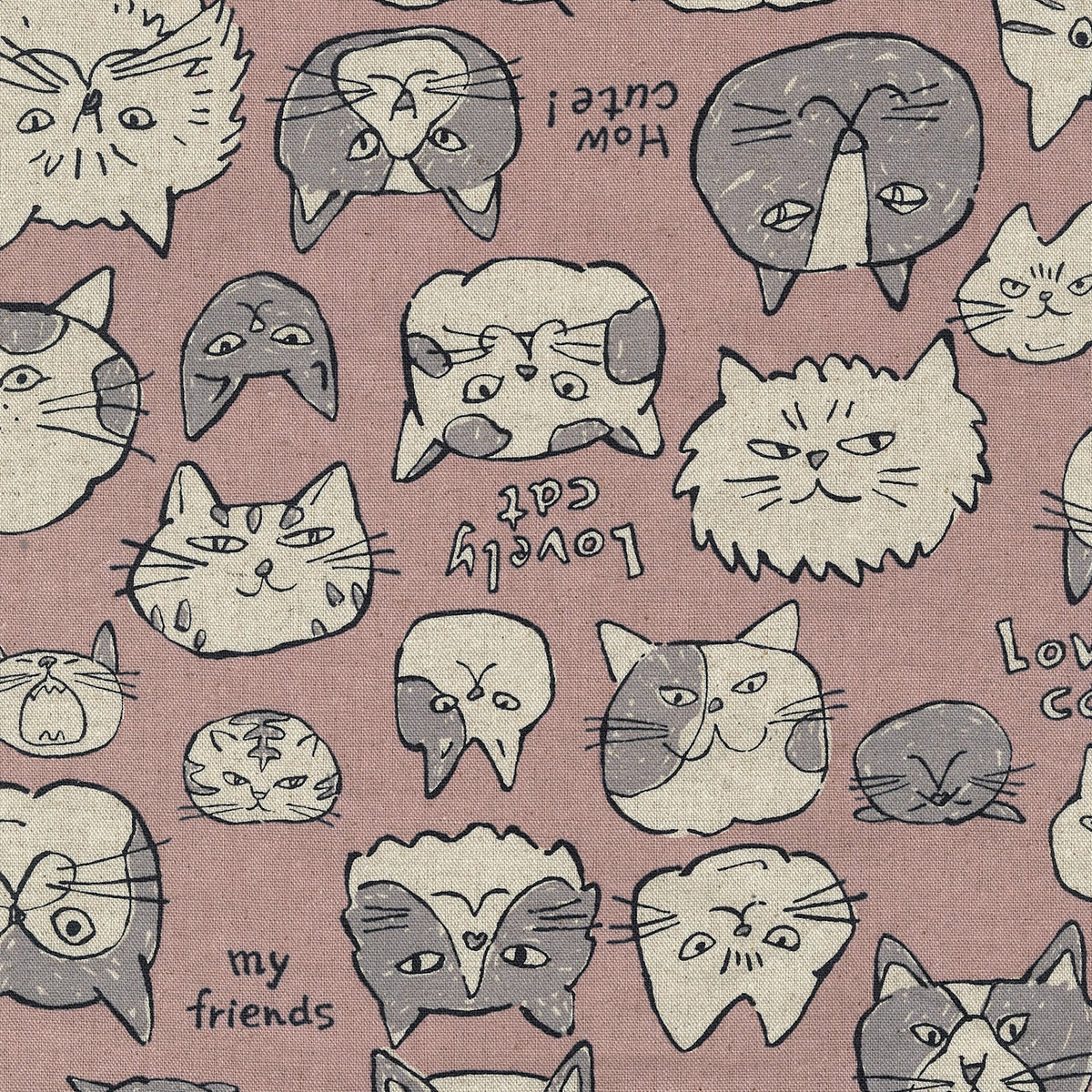 Doodle Animals Cat Cotton Linen Canvas - Pink