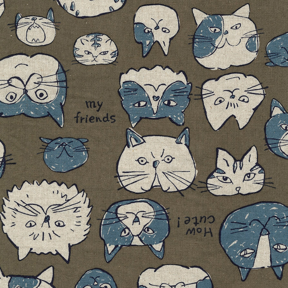 Doodle Animals Cat Cotton Linen Canvas - Dark Brown
