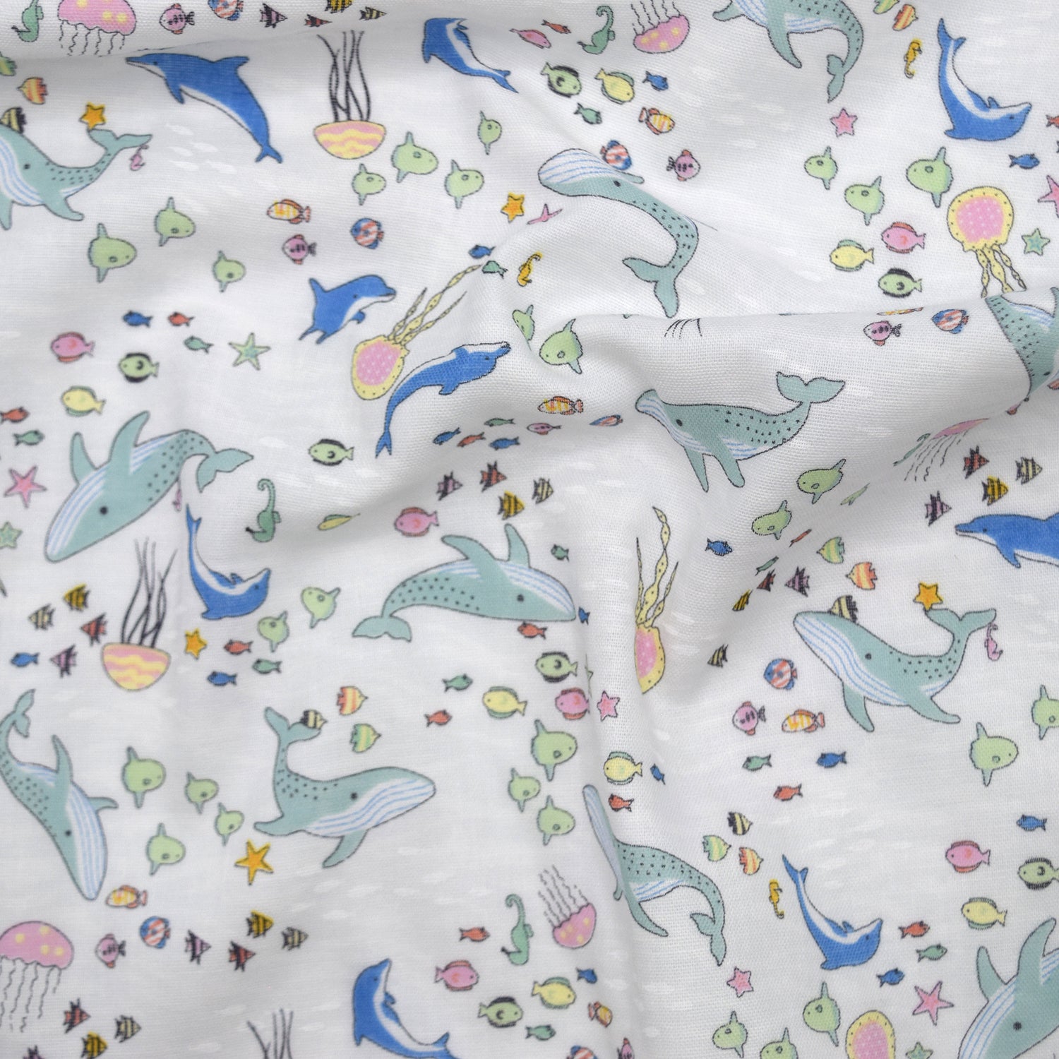 Aquatic Animals Cotton Double Gauze - White