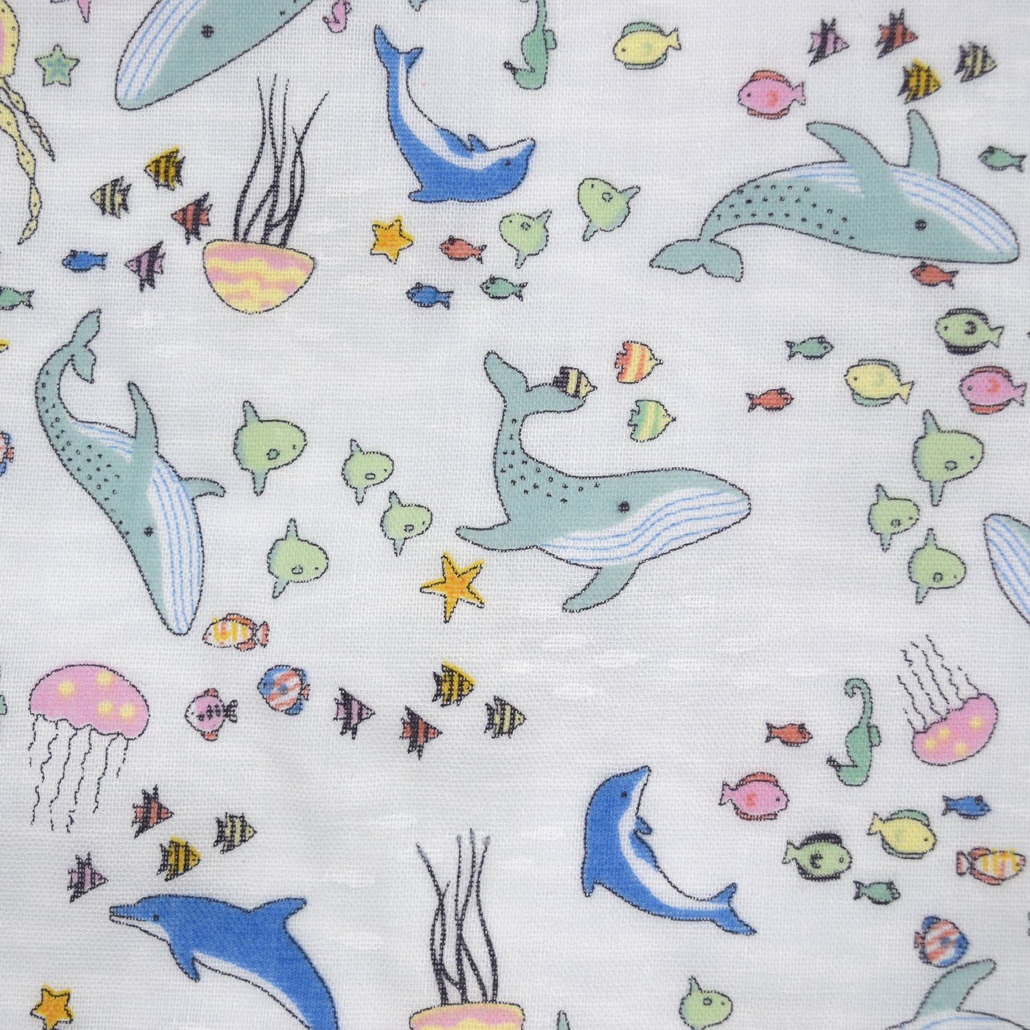 Aquatic Animals Cotton Double Gauze - White