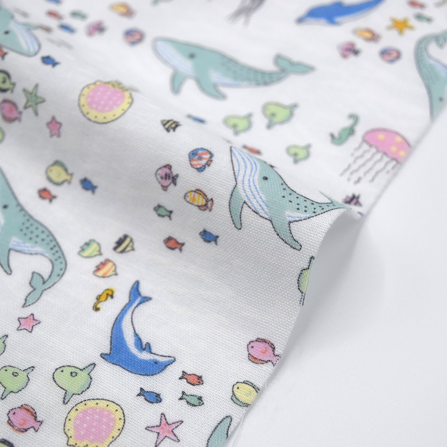 Aquatic Animals Cotton Double Gauze - White