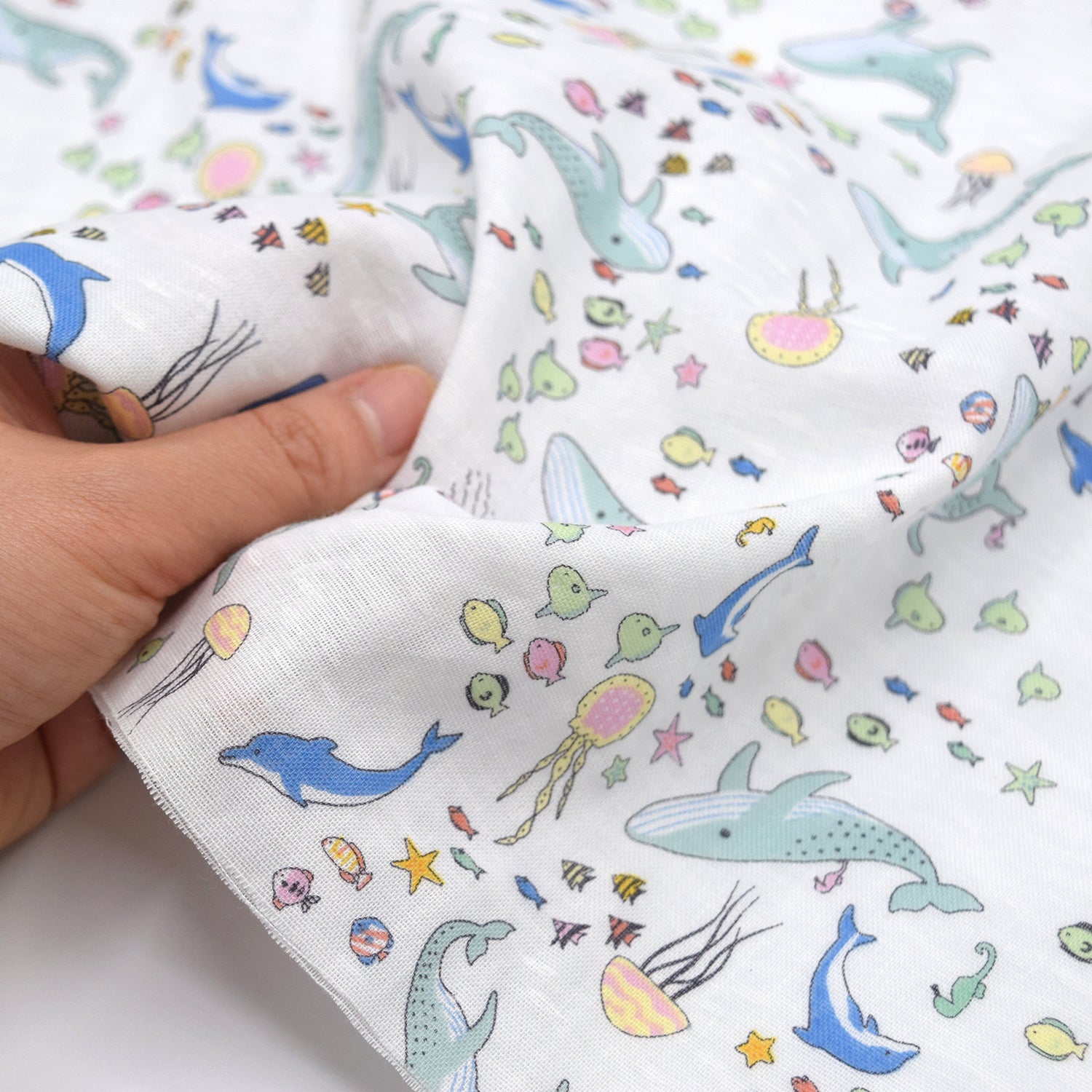 Aquatic Animals Cotton Double Gauze - White