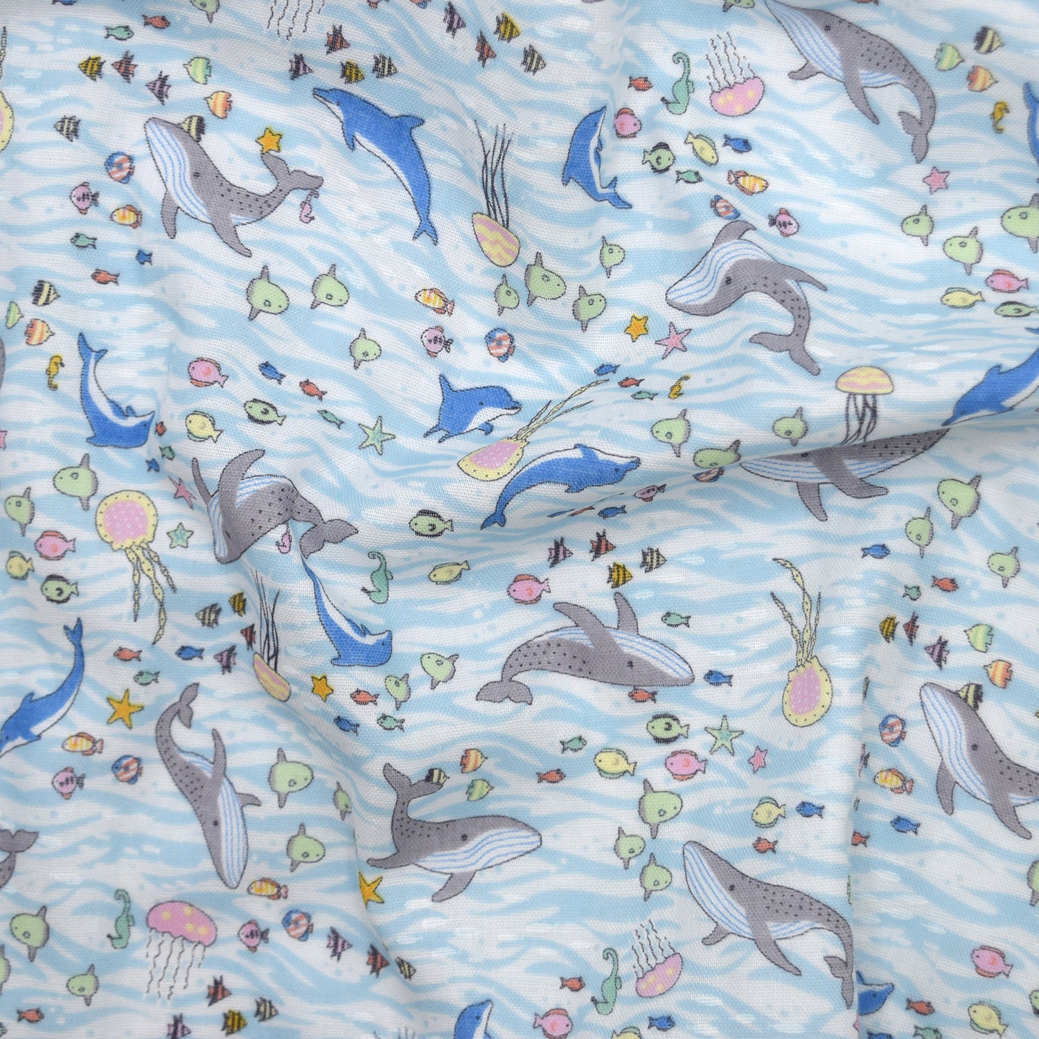 Aquatic Animals Cotton Double Gauze - Blue &amp; White