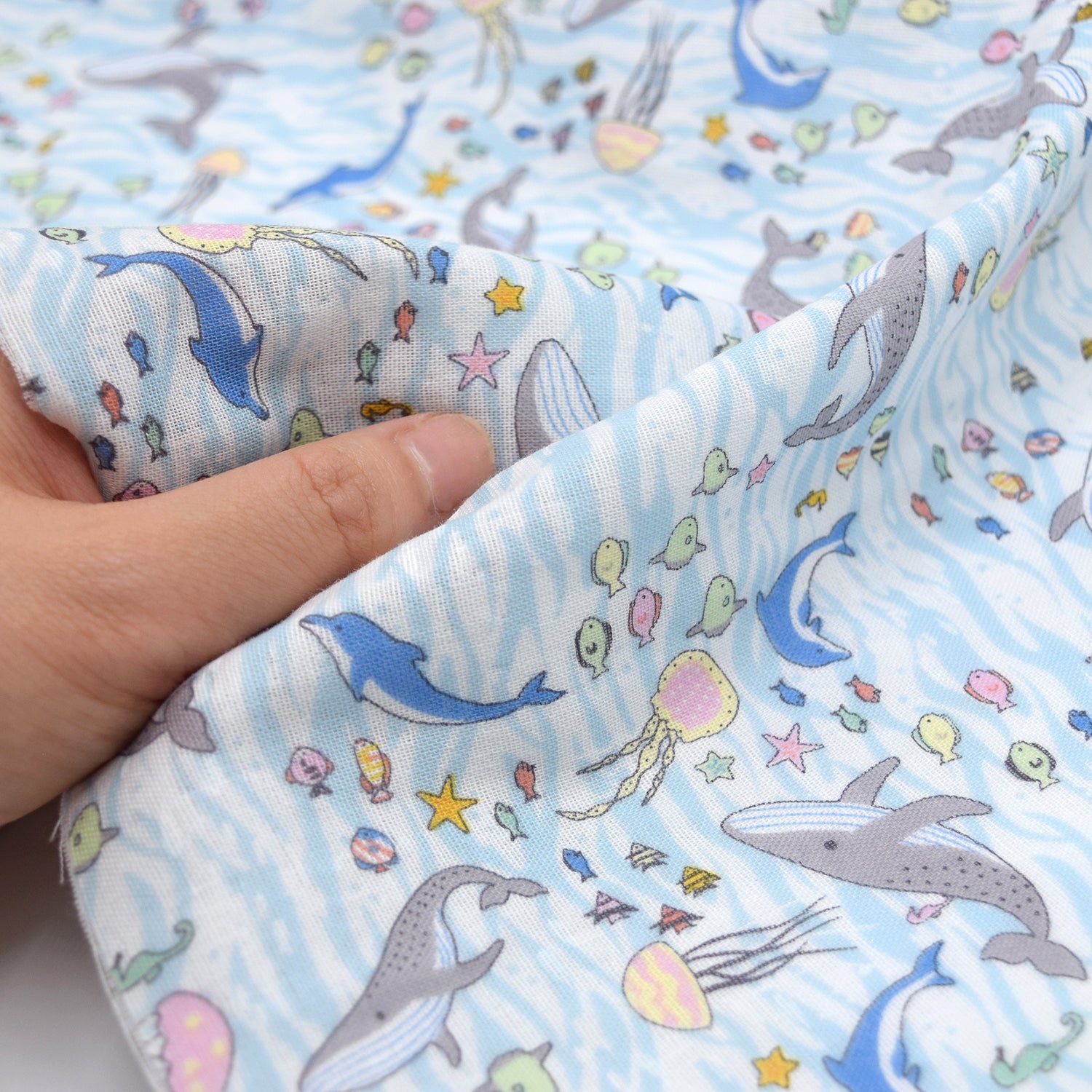 Aquatic Animals Cotton Double Gauze - Blue &amp; White
