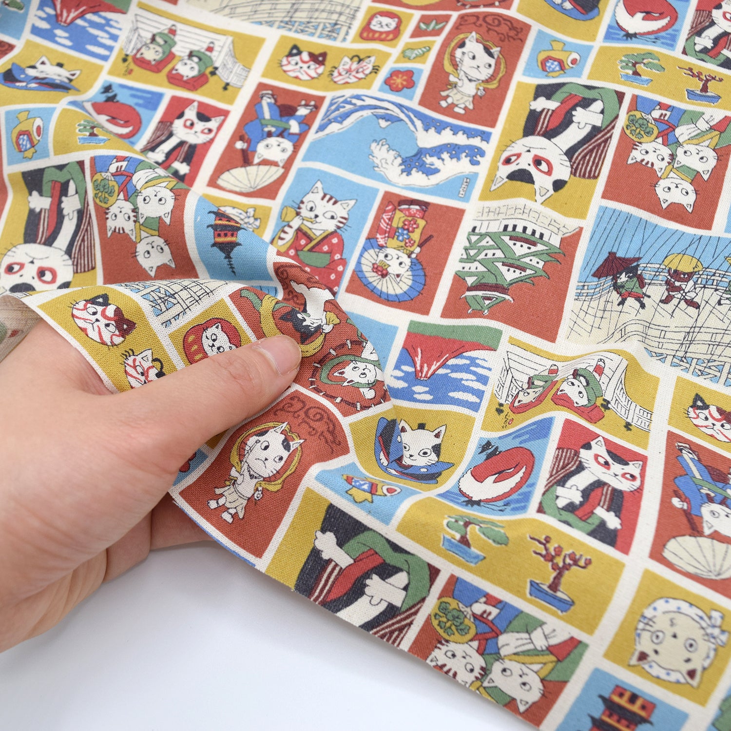 Funny Cats in Japan Cotton Sheeting - Red