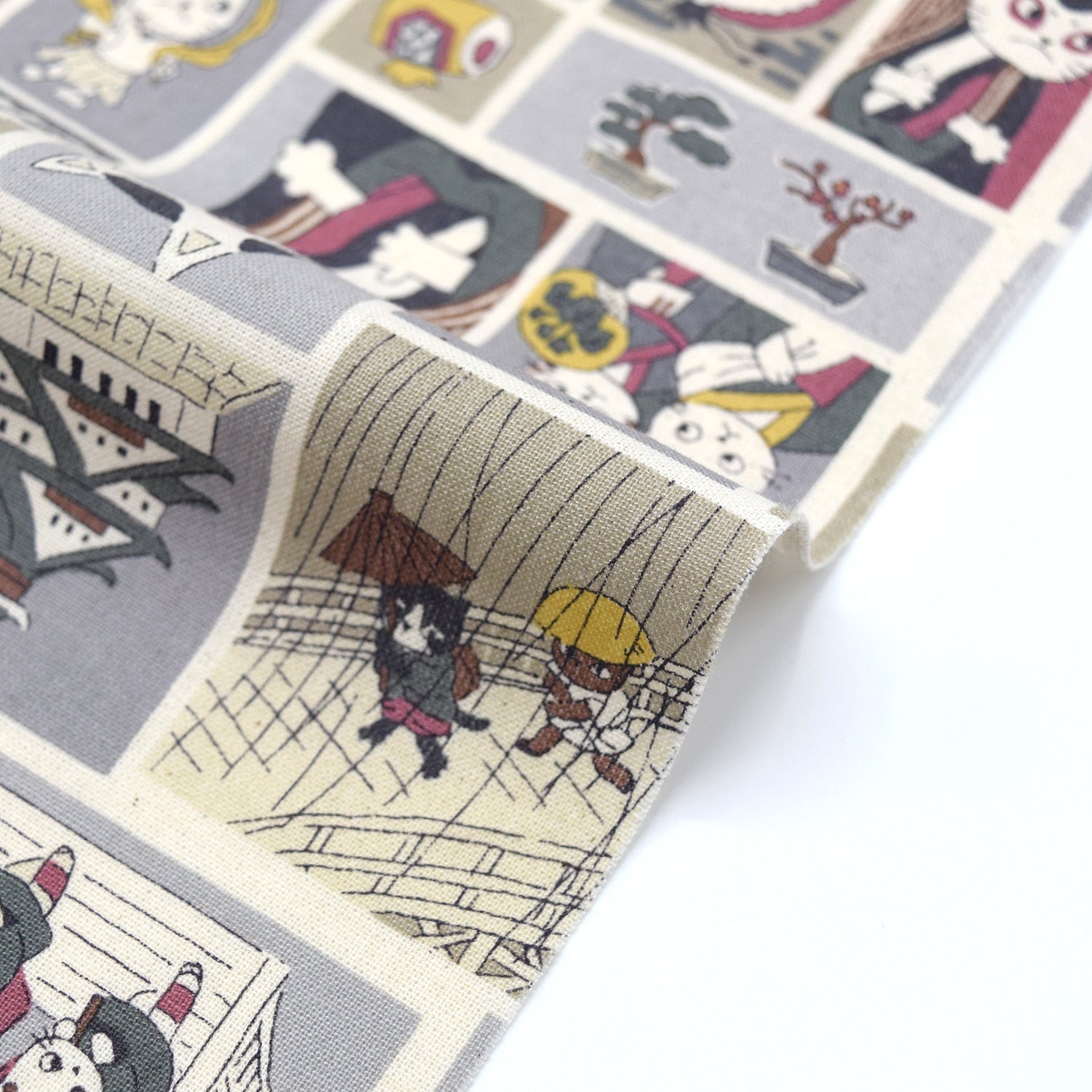 Funny Cats in Japan Cotton Sheeting - Grey