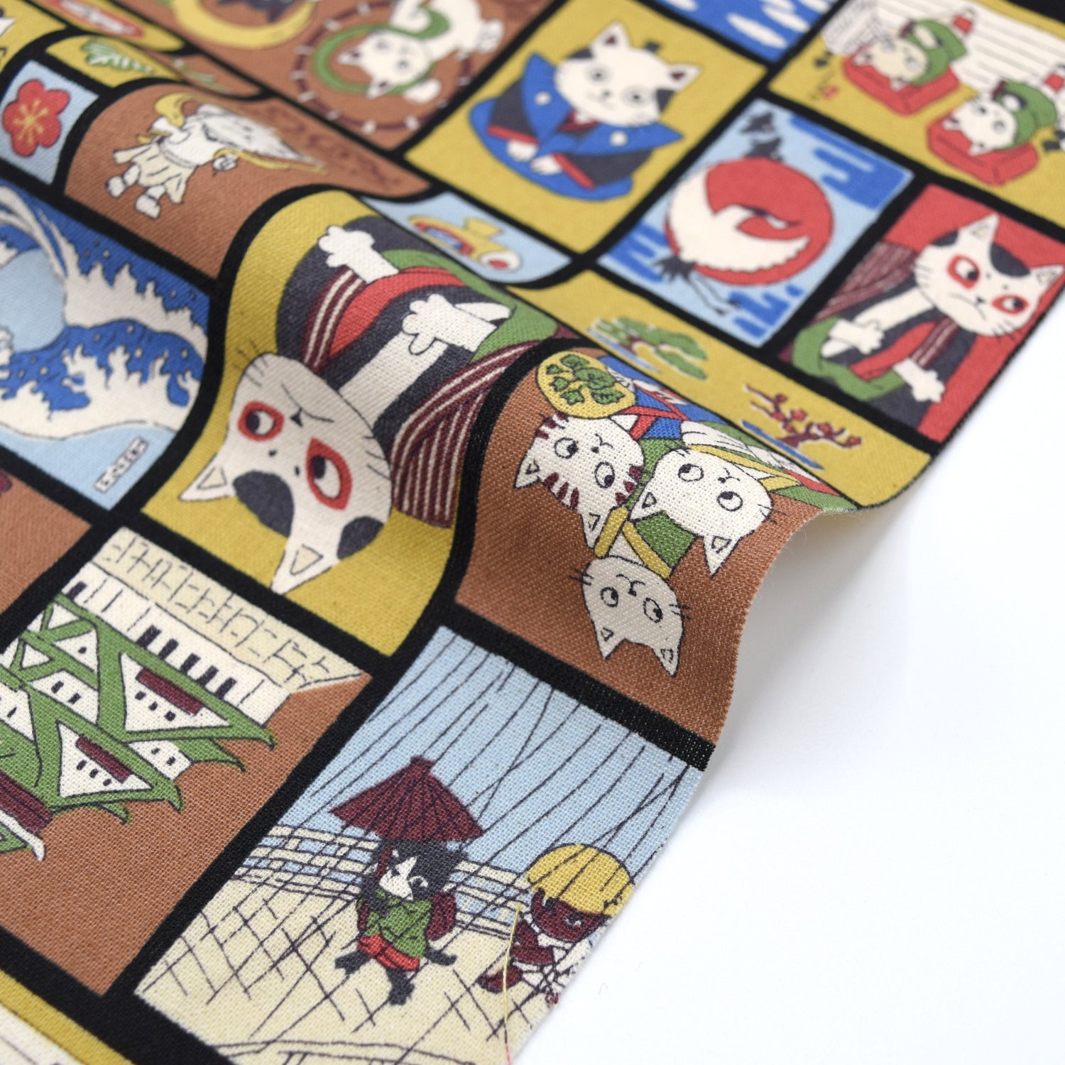 Funny Cats in Japan Cotton Sheeting - Black