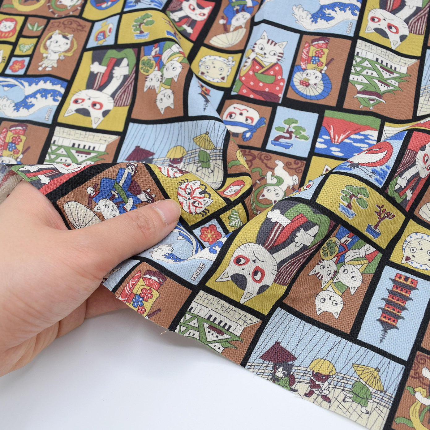 Funny Cats in Japan Cotton Sheeting - Black